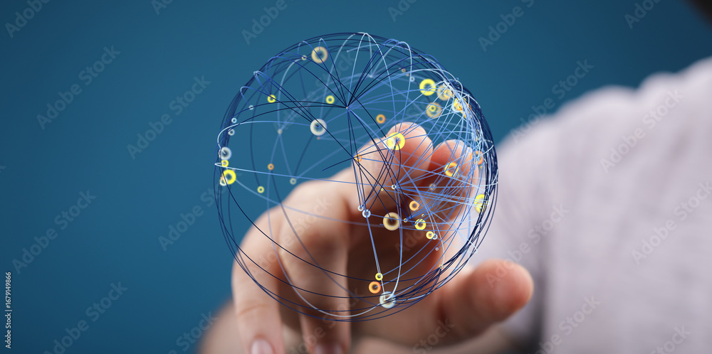 Poster abstract image of a hand interacting with a digital sphere representing global network connections a