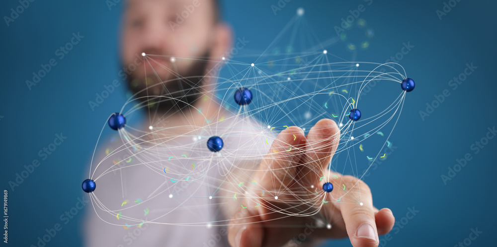 Poster abstract image of a man interacting with a digital network. perfect for technology, connection, and 