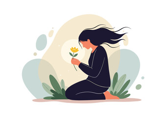 A solitary woman kneels in nature holding a yellow flower gently