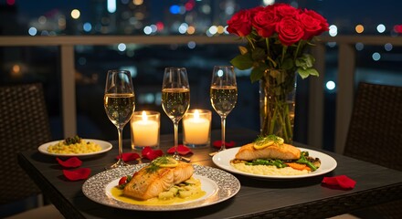 Fototapeta premium Romantic Salmon Dinner with Roses and Champagne on Balcony at Night