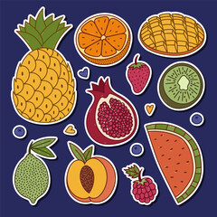 Lovely doodle sticker list with juicy healthful fruits and berries for planners, notebooks, diary. Ready for print sheet of stickers with hand drawn pineapple, mango, grapefruit, lime, kiwi, peach