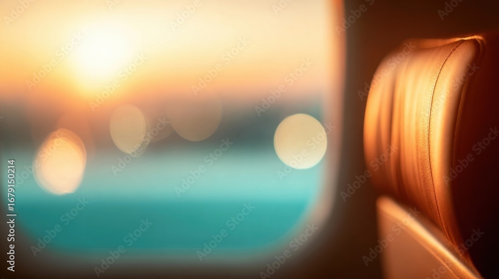 Poster sunset view from an airplane window during a flight over the ocean