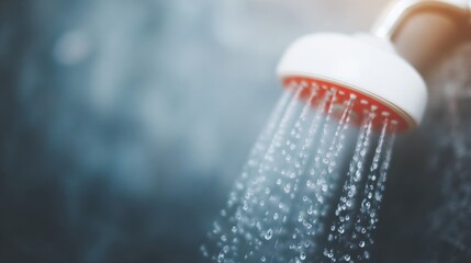 Relaxing water flowing from a showerhead in a misty bathroom setting