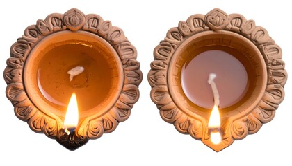 Two clay oil lamps burning