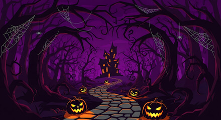 A spooky Halloween scene with a haunted house, pumpkins, and cobwebs in a dark forest.