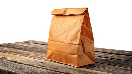 Fototapeta premium Brown Paper Lunch Bag Standing on a Weathered Wooden Table paper bag food