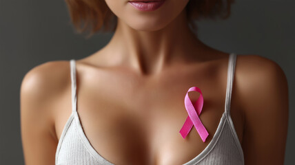 Pink Ribbon on Woman Chest for Breast Cancer Awareness campaign background