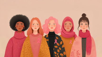 Illustration of Women with Pink Ribbons for Breast Cancer Awareness.Illustration featuring a group of women wearing pink ribbons, symbolizing unity and support