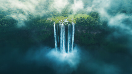 Aerial photograph capturing a magnificent large waterfall surrounded by dense forest, mist, and rising spray. The dramatic scene highlights the beauty and power of nature,