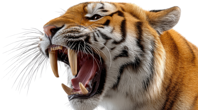 Roaring Saber-Toothed Tiger: Capturing the primal ferocity of a saber-toothed tiger. The fierce predator bares its formidable fangs. A striking image of power and danger.