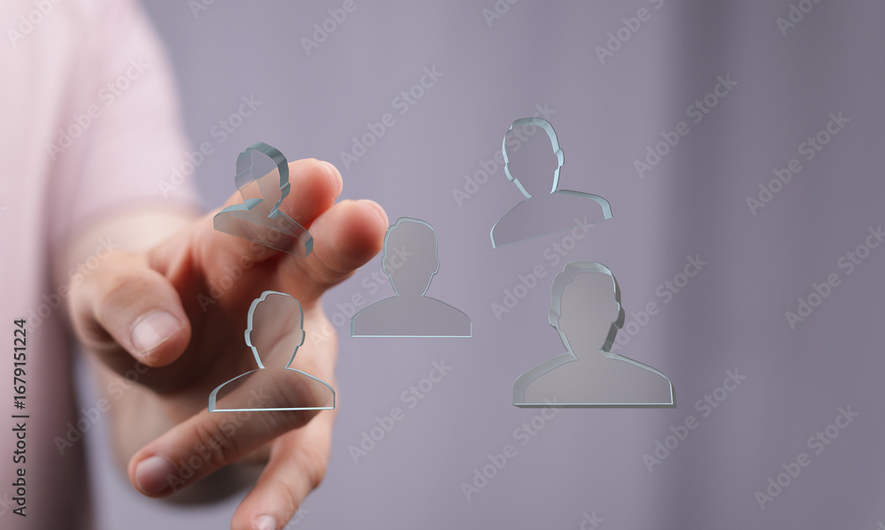 Poster abstract image of a hand interacting with translucent digital profile icons, representing networking