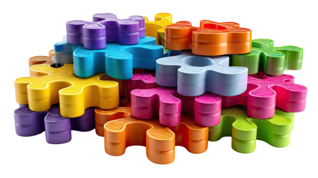 Colorful Puzzle Blocks : A vibrant collection of multi-colored puzzle blocks, ingeniously interlocking to form a dynamic structure, symbolizing creativity and playful learning. 