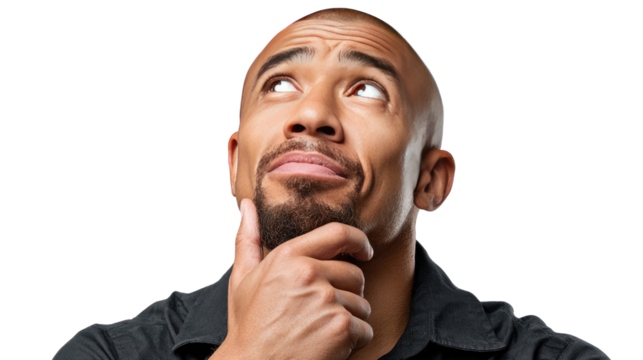 Intrigued Contemplation: Close-up shot of a thoughtful man gazing upward, deep in thought with his hand gently touching his chin. A portrait of focused concentration and introspective reflection.