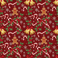 pattern with small festive icons on a cream background, perfect for holiday designs and wrapping paper.
