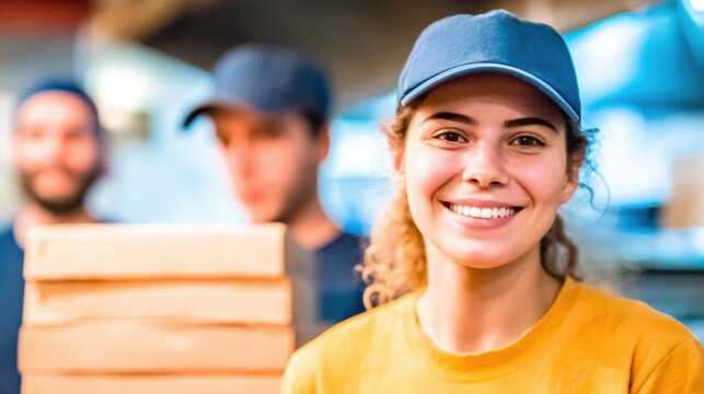 Smiling delivery staff at a busy pizza kitchen during lunch hour rush