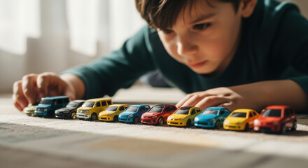 Child with autism focused on lining up toy cars in a perfect row.