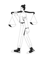 Know your rights line illustration concept. Human justice. Citizen law in daily life. Caucasian man carrying balance scales on shoulder outline 2D character isolated. Ink linear metaphor vector art