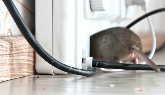 Rat with chewed electric wire on floor indoors. Pest control
