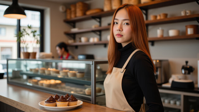 Young woman stands confidently cozy cafe, wearing apron and showcasing delicious cupcakes plate. warm atmosphere invites customers to enjoy sweet - Powered by Adobe