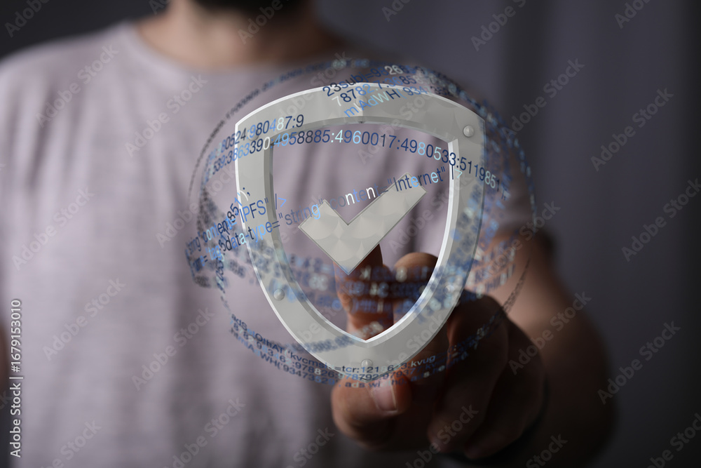 Poster secure your data. digital shield graphic, internet security concept.