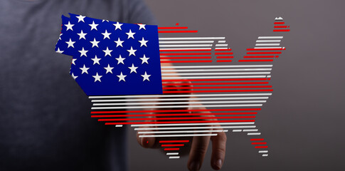 Abstract US map designed with American flag colors.  Patriotic digital graphic.