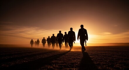Silhouetted Soldiers Walking Towards Sun on Field at Dusk