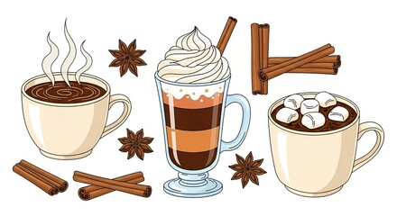 A delicious set of hot chocolate drinks with sweet toppings in a cozy vintage illustration style