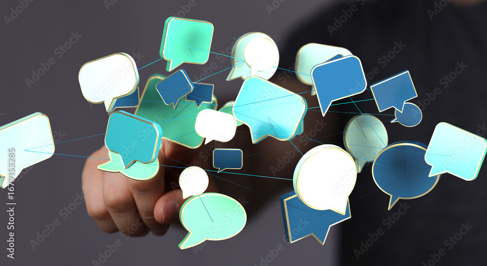 Poster abstract image of interconnected speech bubbles, symbolizing global communication and networking.