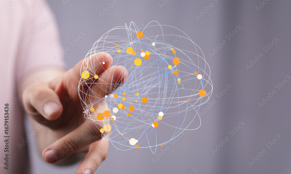 Poster abstract image depicting a hand interacting with a digital network sphere. perfect for technology, c