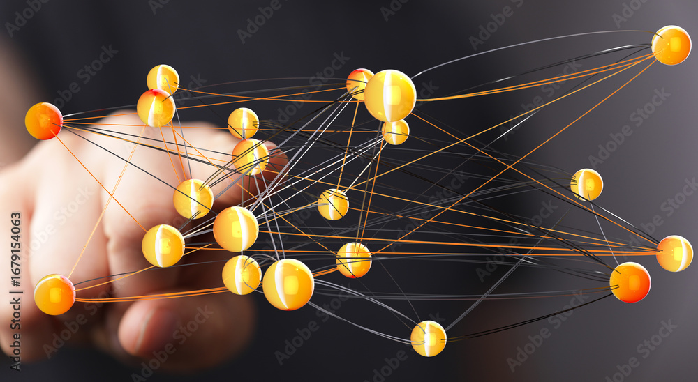 Poster abstract image of interconnected nodes representing global network, data flow, and digital connectio