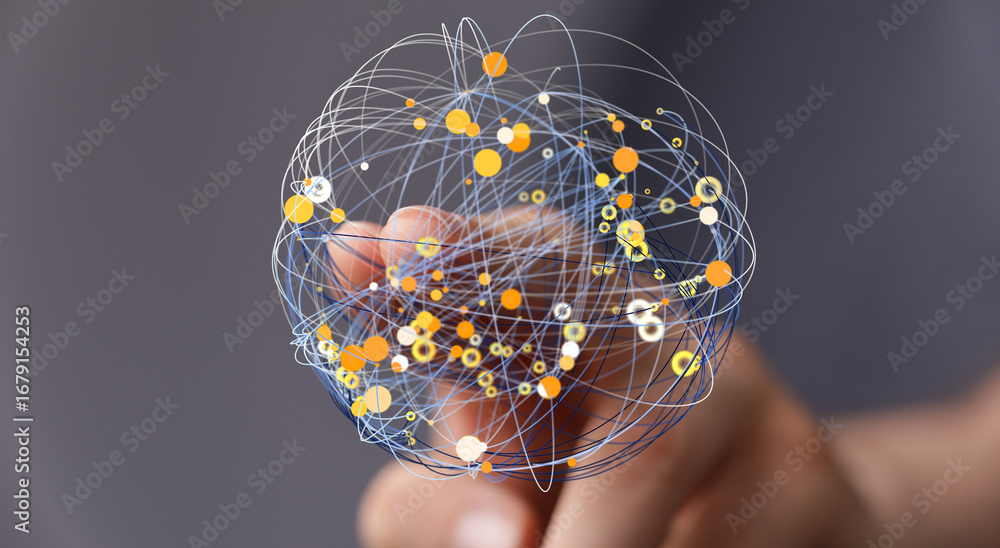 Poster image depicting a hand interacting with a digital network visualization. ideal for technology, data,