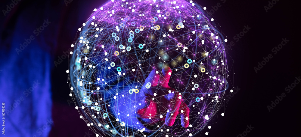 Poster abstract image of a hand interacting with a glowing digital network. represents connection, technolo