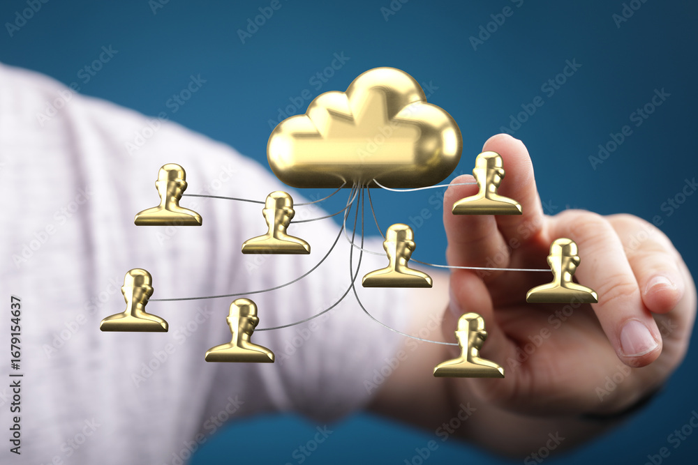 Poster image depicts a gold cloud connected to multiple gold profile icons, representing secure cloud-based