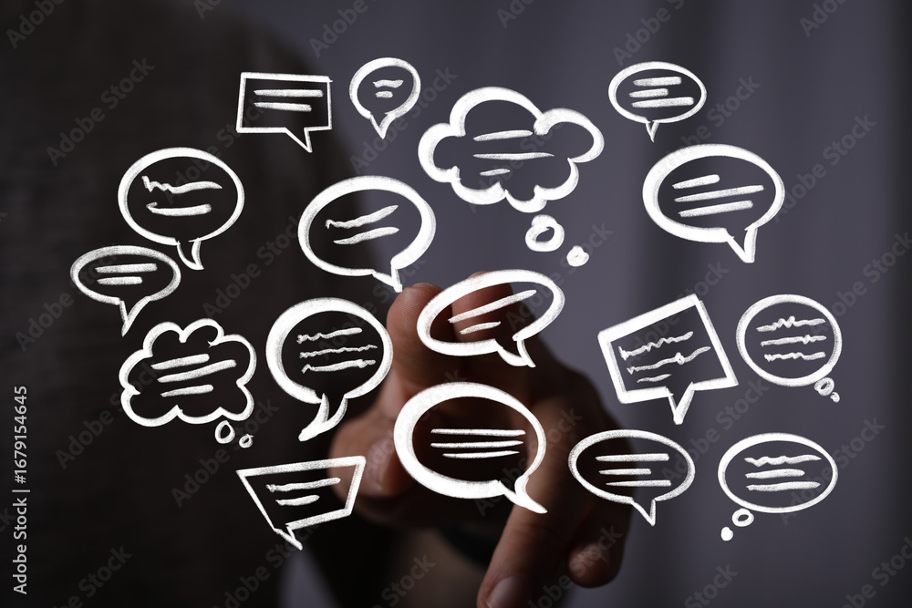 Poster abstract image of hand interacting with digital speech bubbles, representing communication and ideas