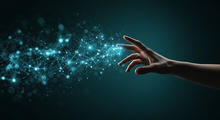 Human Hand Interacting with Digital Network Connections and Glowing Particles of Light