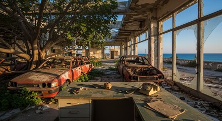 Obraz premium Abandoned Interior with Rusty Cars and Vintage Desk by Seaside