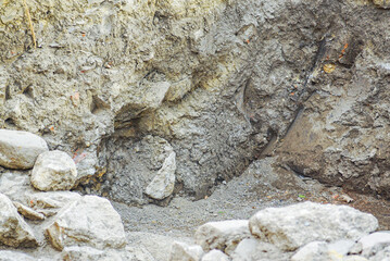 Natural limestone rocks and eroded soil formations displaying geological stratification and weathering processes, ideal for environmental science and earth studies educational materials