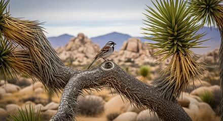 Alert Brown Bird Perching on Tree Branch in Arid Desert Landscape