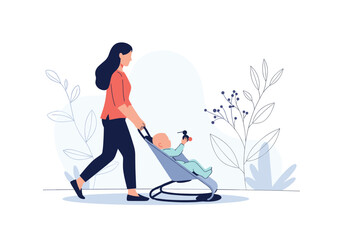 Obraz premium Woman pushing baby in a modern stroller outdoors in a park setting