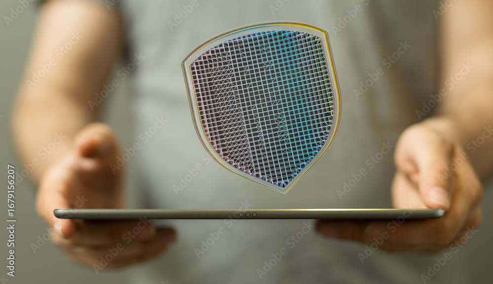 Poster secure your data with robust online protection. digital shield concept.
