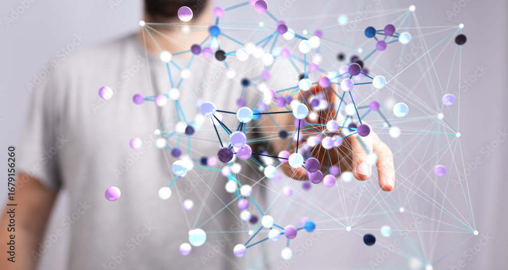 Poster a person's hand interacts with a complex, colorful network of interconnected nodes, symbolizing digi