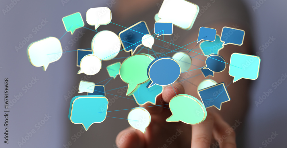 Poster abstract image of interconnected speech bubbles, symbolizing global communication and networking.
