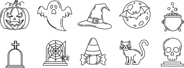 Collection of spooky Halloween elements isolated on a white background, perfect for creating a scary and festive atmosphere