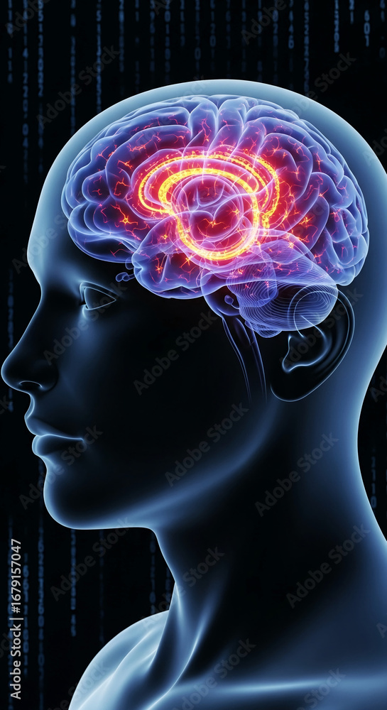 Poster digital rendering of human head, showcasing brain with highlighted neural pathways in red and orange