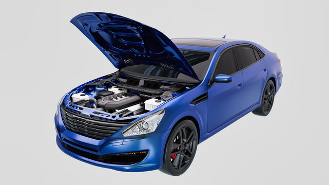 Blue modern car with open hood and engine visible