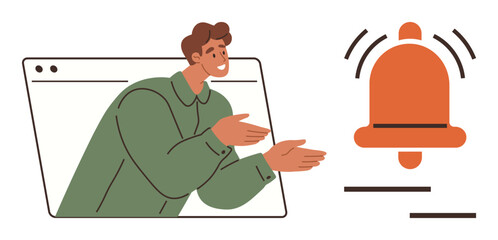 Man emerging from browser window gesturing towards a ringing notification bell. Ideal for communication, online alerts, teamwork, reminders, digital interaction, virtual engagement, simple flat