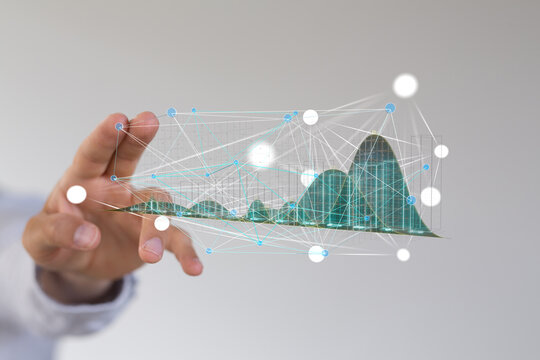 Hand interacting with a 3D holographic chart, data analysis, network visualization, business intelligence.