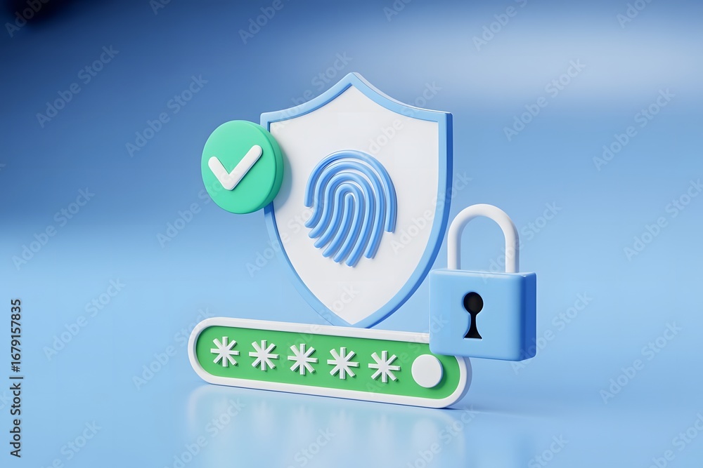 Poster secure digital identity and data protection concept with a fingerprint on a shield a padlock and a p