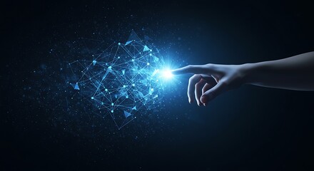 Human Finger Touching Abstract Digital Network Sphere Glowing With Blue Light And Particles
