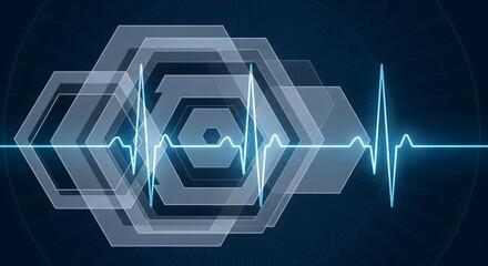 Technological medical background showing a digital heartbeat pulse on an abstract network of glowing hexagons, representing health data, science, and futuristic research